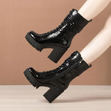 Martin Boots 2023 Autumn / Winter Cheongsam Walking Shoes Tie English Style Thick Heels Lacquered Leather Boots Women's Short