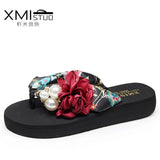 High Heel Women's Beach Slippers for Women In Summer with Thick Heeled Sandals Flower Wedge Slippers Women house