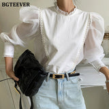 Vintage Stand Collar White Shirts for Women Long Sleeve Loose Female Blouses 2021 Spring Chic Ruffles Ladies