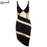 Women Sexy Mesh Patchwork Y2K Bodycon Dress Sleeveless Hollow Out Split Fitness v-Neck Party Clubwear Camisole