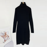Solid Knitted Long Dress Women Autumn Winter Turtleneck Long Sleeve Sweater Dress Lady Split Loose Casual Dress