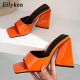 Summer Orange Black Triangle Thick heel Slippers Sexy Street Woman Party Peep toe Dress shoes size