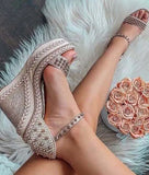 Platform Braided Sandals Champagne Rivets Studded Wrapped Wedge Sandals for Women 2021 Cut-out Summer Dress Shoes Plus