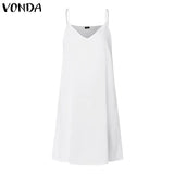 VONDA Summer Sexy White Lace Dress 2022 Women V-Neck Dot Hollow Asymmetrical Hem Dress Bohemian Holiday Vestidos Party
