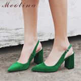 Genuine Leather Slingbacks Shoes Women High Heels Kid Suede Thick Heel Pumps Buckle Pointed Toe Ladies Footwear Size