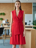 Elegance Elegant Style Suit Dress 2025 Summer New Solid Sleeveless V Tie Belt Bodysuit Dress