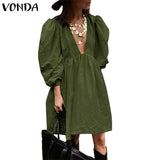Deep V Neck Dress Women Summer Sundress 2022 VONDA Vintage Lantern Sleeve Zipper Party Dress Casual
