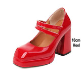 EDEELVEEYS Patent Leather Womens Chunky 7cm High Heel Hook Loop Ankle Strap Pumps Platform Lolita Vintage Dress Shoes Big