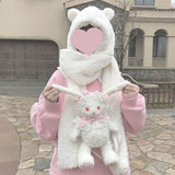 hat scarf one hooded bib female winter imitation lamb hair Japanese thickening cute bear ears tide winter warmth