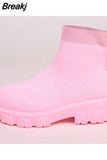 Spring Autumn Shoes Platform Round Toe Pink Purple Ladies Boots Zapatos Mujer Size 43 Women Boots Stretch Fabrics