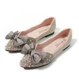 Spring Lace Bowknot Flats Women Glitter Crystal&Beads Ballets Shoes Ladies Pointed Toe Loafers Dress Slip On Moccasins
