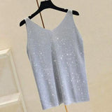 shiny Knitted Top Summer v-neck diamonds Tank top Women Slim Top Female bling sleeveless t-shirt Vest