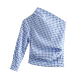 Chic Blue Plaid Ruched Asymmetrical Blouse Women 2021 za Fashion Sexy One Shoulder Shirts Female Casual