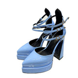 heel pointed toe double layer thick sole hollow shoes large size 43 green hollow sandals patent leather sexy women's