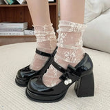 Black White Platform Pumps for Women Bowknot Strap Thick Heels Mary Jane Shoes Woman Sweet High Heel Party Shoes