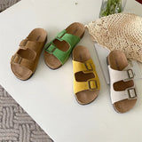 Summer Women's Two Buckle Cork Slippers Cow Suede Leather Flats Sandals For Women Retro Fashion Garden Mule Clog