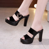 Leather Waterproof Table High Heels Thick Heel Slippers Women 2023 Summer Fashion Muffin Thick Soles Wear Fish Mouth Slippers Large