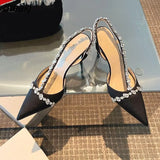 High Heel Women Rhinestones Pointed Toe Single Shoes Wedding Shoes Summer Rear Strap Solid Color Woman