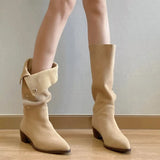 Shoe Two Wear Vintage Wrinkled Boots Frosted Pile Boots Female Thick Heel Temperament Pointed Button Middle