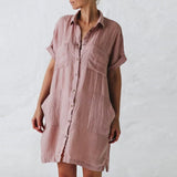 Summer Women New Turn-down Collar Casual Solid Color Shirt Dress Slim Elegant Half Sleeves Buttons Cardigan Pocket