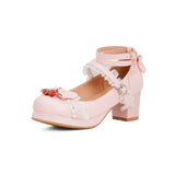 Women Cute Lolita Cosplay Shoes Bow Mid Chunky Heel Heart Strap Platform Mary Jane Pumps Kawaii Sweet School Girl