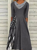 Fashion Plaid Print Stitching Boho Elegant Casual Women Dresses V Neck Buttoned Office Long Dress Half Sleeve Pocket Maxi