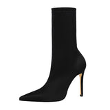 Breakj Simple Women's Boots Thin Heel Ultra High Heel Sexy Nightclub Pedicure Show Thin Pointed Lycra Elastic Ankle