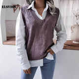 2021 New Fashion Women V Neck Print Knitted Vest Sweater Casual Sleeveless Loose Pullover Elegant Warm Lady Sweater