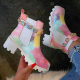 Ankle Boots Autumn Winter Rainbow Short Boots Square Heel Rhinestone Shoes Non-slip Fashion Thick Bottomn Footwear 2021