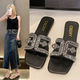Breakj Flat-Bottomed Slippers Women 2025 Summer New Diamond Pearl Decoration Large-Size Women Cold