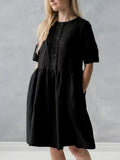 New Summer Commuter Women Dress A-line Skirt Solid Cotton Linen Pocket Mid Sleeve Holiday Dress 2022 Elegant V-Neck Loose