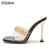 New Summer Pumps Fashion Chain Slippers Sandals Shoes Women Thin High Heels Slip On Square Toe Mules Slides Ladies