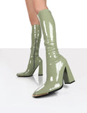 Women's Boots Square Heel Knee Classic Square Toe Boots PU Black Patent Leather Zip Party Dress Dance Shoes Botas De