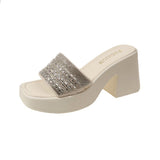 Breakj Summer New Fashion Women's Shoes Water Diamond One-Word Waterproof Platform Thick With Cool Drag High Heel Slippers