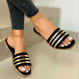 2022 Bling Metal Striped Slippers Women Summer Flat Shoes 2021 Fashion Slip On Slides Outdoor Female Casual Women's