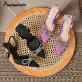 Brand Rhinestones Bowknot Women Sandals Elegant Thin High heels Flock Slingbacks Summer Office Lady Shoes Purple