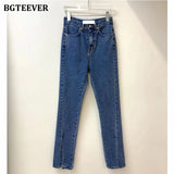 Streetwear High Waist Denim Blue Women Jeans Summer Front Split Denim Pants Capris Femme Casual Long Female Jeans