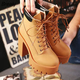 Spring Autumn Platform Ankle Boots Women Lace Up Thick Heel Platform Boots Ladies Worker Boots Black Big Size