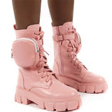 Pocket Boot Lace Up Ladies Ankle Boots Female Buckle Strap blue Chunky Sole Pouch Ankle Boots Woman Platform Shoe