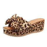 Breakj Bow Thick Bottom Slippers Female Leopard Print Cloth One-Line Shaped Wedge Sandals
