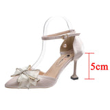 Sexy Thin Heels Ankle Strap Pumps Women Lace Bowknot Wedding Party Shoes Woman Elegant Pointed Toe Silk High Heels