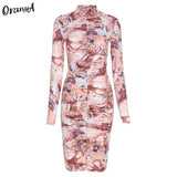 Sexy Skinny Women Long Sleeve Bodycon Aesthetic Print Ruched Party Dress Stretchy Casual Fashion Turtleneck Slim