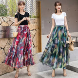 Skirts 2019 Summer Mesh Flower Print Elastic Waist Bohemian A-Line Sweet Chiffon Long Female Bottoms Ladies Casual