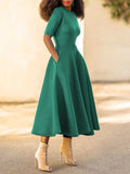 Summer Spring Vintage Elegant O Neck Long Dress Women Solid Green Party Dress Ladies Beautiful Fashion Short Sleeve Beach