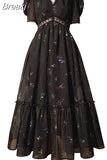 Black Floral Midi Dress Women Short Sleeve French Elegant Dress Beach 2023 Summer Casual Korean Evening Party