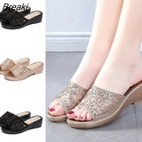 new women's slippers comfortable breathable wedge with thick bottom versatile mesh rhinestone slippers