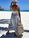 Women Sexy Printed Backless Ruffle Long Dress Summer Off Shoulder Tie-up Suspender Dress New Slash Neck High Waist Boho