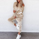Spliced Velvet Tracksuit Women Casual Threw Collar Long Sleeve Sweatshirt And Harem Pant Suit Loose Ladies Two Piece