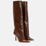 Breakj New 2024 Big Tube Around Pointed Skirt Boots Long Stone Grain Knight Boots Women's