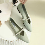 Microfiber Ballet Shoes Ladies Pearl Belt Flats Women Green Loafers Pointed Toe Moccasins Femme Dress Ballerina